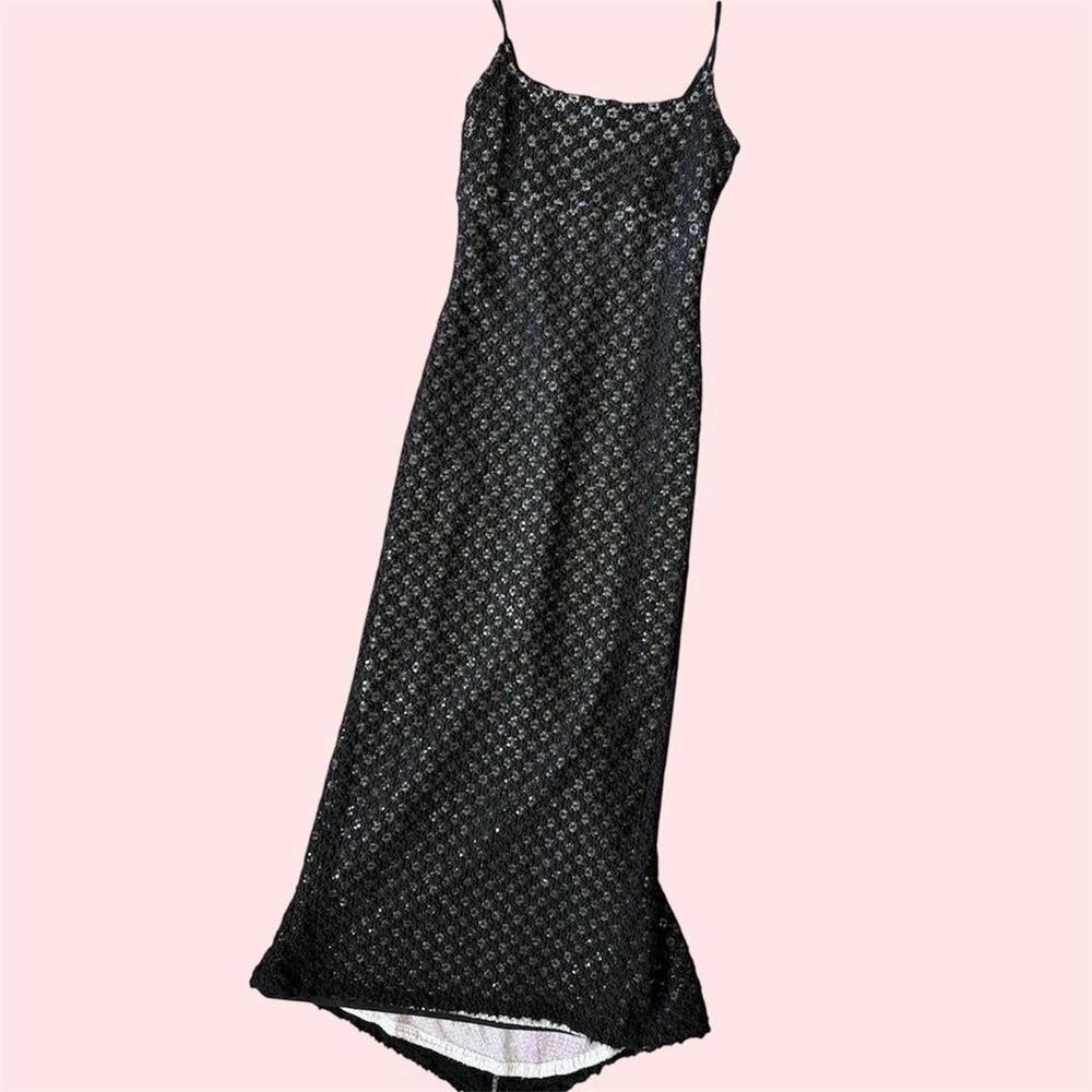 Jessica McClintock for Caché Black knit lace sparkly cocktail gown